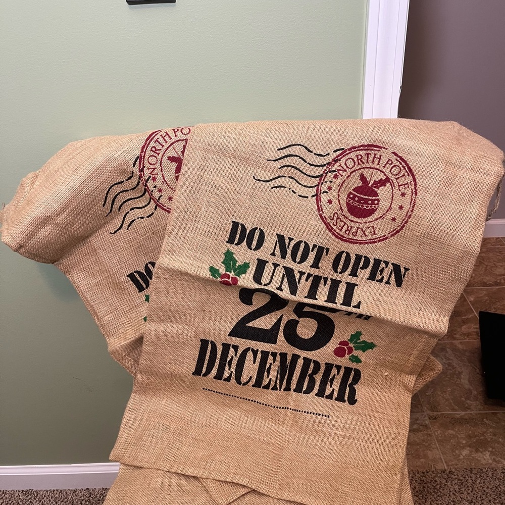 Festive Burlap Christmas Sack - Natural with Red and Black Print